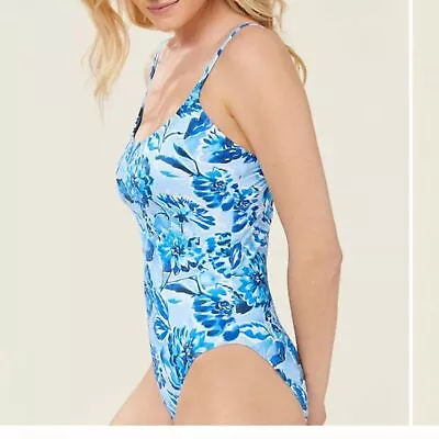 Andie Swim The Amalfi One Piece Swimsuit Glossy Eco Nylon Blue Floral Medium NWT • $51.99
