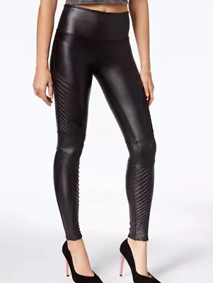 Spanx Women’s Leggings Size Medium Petite Faux Leather Moto Leggings Very Black • $35
