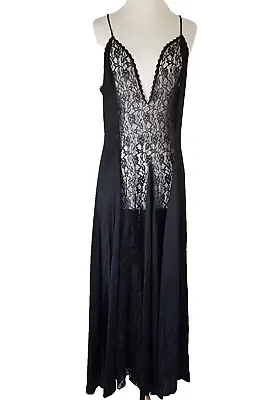 Vintage Black Negligee Long Nightgown Size L Lace Inset Sleek Sexy Nylon USA • £23.35