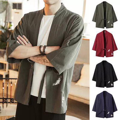 Mens Casual Thin Kimono Cardigan Jacket Haori Loose  Man Yukata Oversized Coat • £22.79