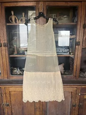 Antique 1920s Mesh Net Tulle Dress Hand Embroidery Flapper Sheer Floral Lingerie • $15.50