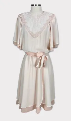 Vintage 70’s Mr Mort Romantic Peach Ivory Beaded Blouson Belted Dress EUC • $40