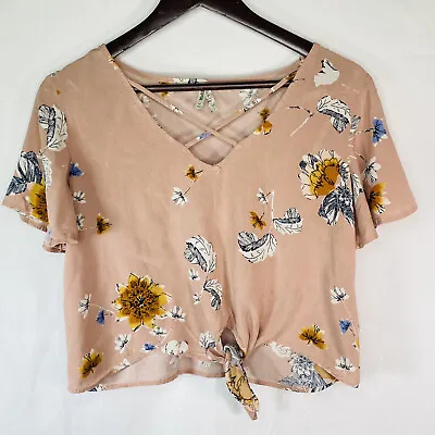 Mudd Rose Pink Floral Womens Waist Tie Crop Top Blouse Medium 100% Rayon Top • $10.99