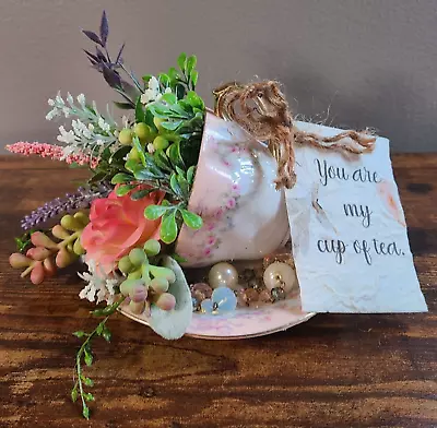 Upcycled Farmhouse Shabby Chic Vintage Tea Cup & Saucer Succulent Arrangement   • $26.99