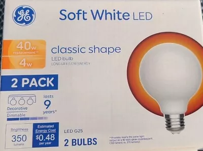 (2 Bulbs) GE Lighting Soft White Led 4W Led G25  LED Bulb 350 Lumens Dimmabl • $5.98