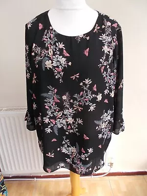 Lovely Floral Blouse By INDIGO (M/S) Round Neck  Long Sleeves  Uk  18. Viscose • £4