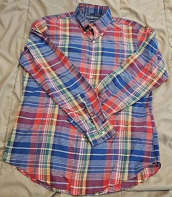 VTG Polo Ralph Lauren Plaid Shirt Large Button Down 80s Pony Multicolor MADRAS • $25.99