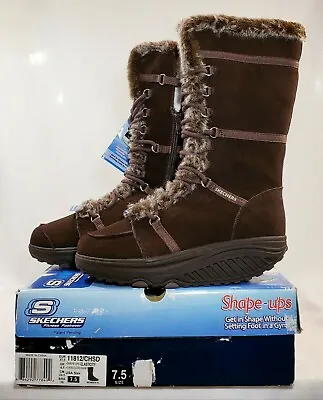SKECHERS Shape Ups Boots 7.5 Brown Suede Leather Faux Fur *NEW & RARE!* • $299.99