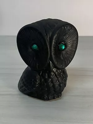 VIntage Carved Black Coal Owl Figurine With Green Rhinestone Eyes • $10