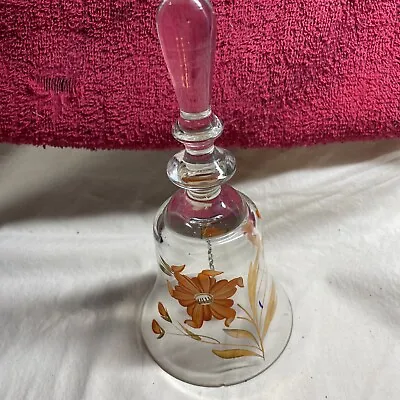 Vintage Crystal Glass Bell With Floral Orange Handpainted Design.. Made In Hunga • $7.88