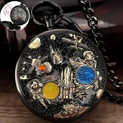 Space Series Music Black Pocket Watch Quartz Chain Necklace Watches Collectibles • $39.98