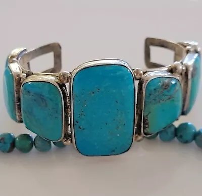 Old Pawn Vintage STERLING NAVAJO 5 Stone BLUE Turquoise Row Bracelet By  RF  • $173.50