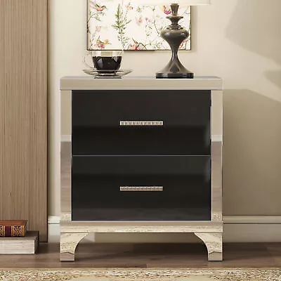 High Gloss Nightstand W/2 Drawers Mirrored Wooden Bedside Table W/Metal Handles • $158.86