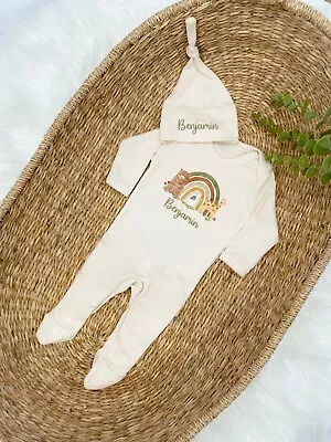 Personalised Animal Rainbow Beige Babygrow With Optional Headband Hat Blanket • £4.99