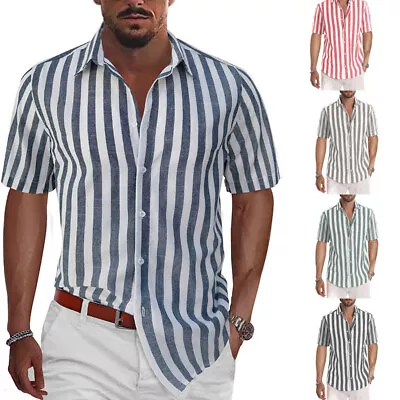 Mens Stripe Shirt Button-down Loose Blouse Tops Lapel Short Sleeve Shirts NEW • £9.99