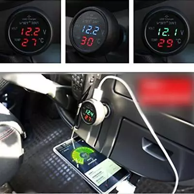 3 In 1 Car Voltmeter Thermometer Universal Multifunctional Fast Charge Adapter • £6.47