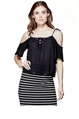 $35.99 • Buy Guess Judia Jet Black Crinkled Woven,v Shaped,straps,lace,short Sleeves,t-shirt