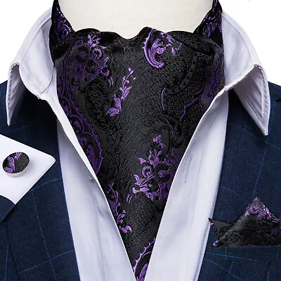 USA Mens Silk Ascot Cravat Tie Purple Paisley Floral Hanky Cufflinks Set Wedding • $11.39