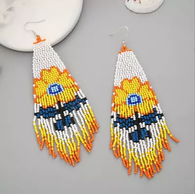 BOHO Seeds Beaded Earrings Flowers Fringe Tassel Bohemian Dangle Drop Handmade • $13.95