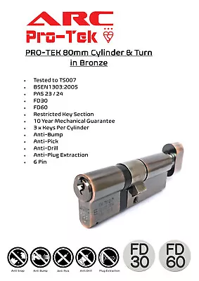 ARC UPVC Door Lock Euro Cylinder & Turn TS007 3* Star Antisnap 80mm - Bronze • £48.99