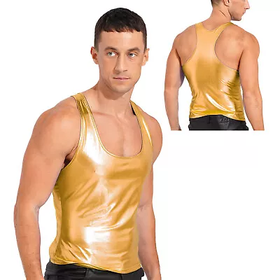 US Men's Faux Leather Sleeveless Crop Tank Top Metallic Shiny Vest Party T-Shirt • $9.39