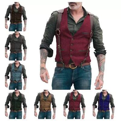 Mens Herringbone Vests Cowboy Hunting Tweed Classic Waistcoat Wedding Vintage • $25.16