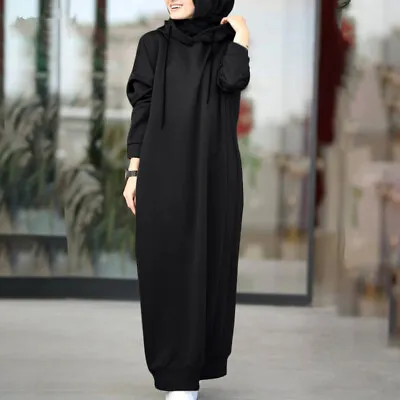 Women's Muslim Hoodie Sweater Long Sleeve Loose Maxi Abaya Jilbab Dress Tops • £13.84