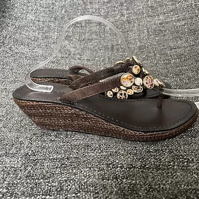 Mystique Tortoise Beaded Sandals Brown Wedge Heel Thong Women’s Size 9 • $55