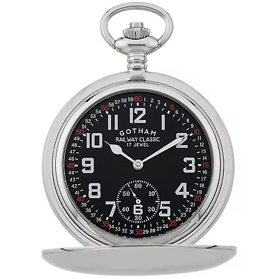 Gotham Men's Silver-Tone Railroad Dial Double Hunter 17J Mechanical Pocket Watch • $149.95