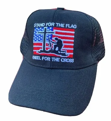 USA Flag Black Hat - Stand For The Flag - Kneel For The Cross Mesh Snap Back  • $9.85