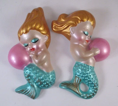 $24.99 • Buy 2 Vintage CHALKWARE GIRL MERMAID WALL HANG PLAQUES GOLD TURQUOISE PINK