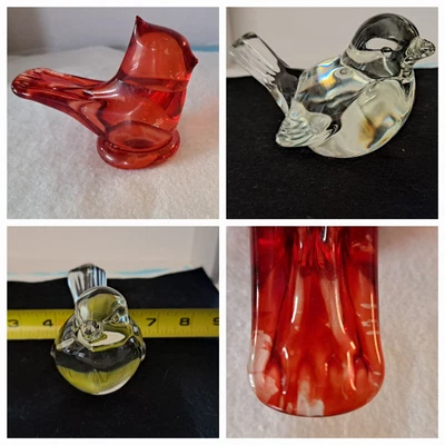 $12 • Buy Glass Birds Paperweight Ron Ray Titan Red Cardinal, Fenton Clear Sparrow