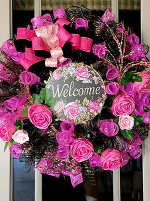 Wreath Deco Mesh Black/rose/pink SPARKLY Handmade • $56