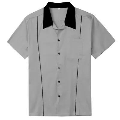 50's Retro Vintage Grey Bowling Shirt Rockabilly Clothing For Men • £19.07