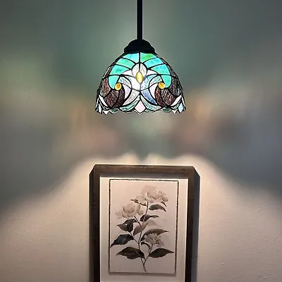 Enjoy Tiffany Style Mini Hanging Lamp Green Brown Stained Glass LED Bulb 8”W60”H • $105.99