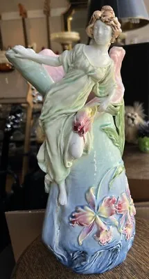 Antique Art Nouveau Majolica Vase Figural Lady Floral Huge Beautiful 15.5” H • $399.99