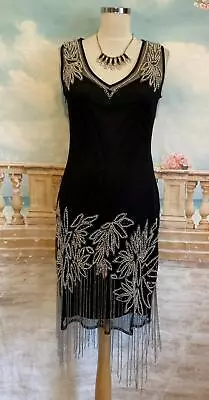 Dress 12 Black Silver Beaded Fringe Flapper ROMAN Gatsby Peaky Blinders 20s • £19.99