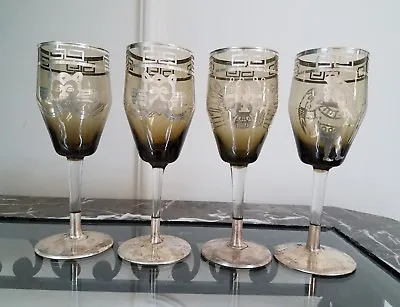 4 Vintage Sterling Silver Overlay Venetian Glass Goblets Art Deco Smokey Topaz • $39.99