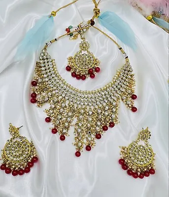 Ethnic Fashion Kundan Bollywood Indian Gold Plated Pearl Beads Jewelry Set • $26.50