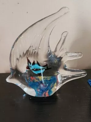 Murano Style Art Glass Angel Fish Figurine Paperweight Blue Green White • $24