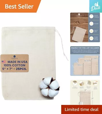 Cotton Muslin Bags With Drawstring - 5x7 Inches - Pack Of 25 - Natural Cotton • $28.49