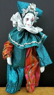 Awesome Vintage Porcelain CLOWN PIEROT Painted Face Metallic Lame Costume 8  EVC • $29