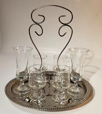 6 Vintage Sherry Cordial Glasses & Silver Plated Caddy Liquor Stemware Signed • $79.99