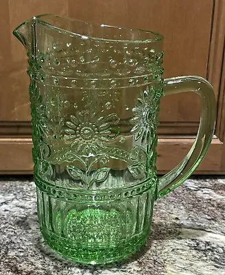 Vintage Depression Pressed Green Vaseline Glass Or Style? RARE Sunflower Pitcher • $49.99