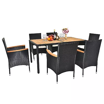 7 Piece Outdoor Patio Dining Set With Acacia Wood Table Rattan Chairs Cushions • $369.99