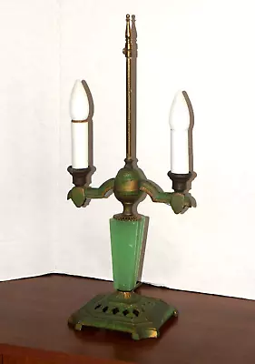 Antique Art Deco Table Lamp W/JADEITE GLASS ACCENT Candle Sockets NO SHADE 21 H • $130