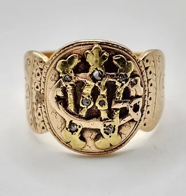 AUTHENTIC Antique 14k GREEN Gold MINE Cut DIAMOND  GW  Monogram CIGAR BAND RING • $1200