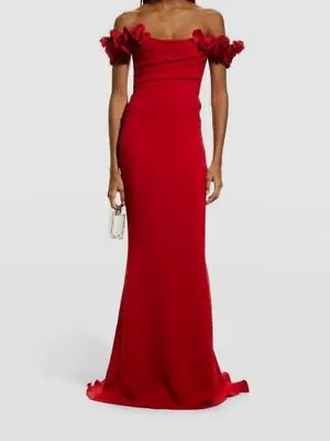 $3995 Marchesa Women Red Off-the-Shoulder Floral Applique Column Gown Dress Sz 8 • $1278.78