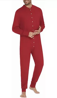 Mens One Piece Pajamas Henley Button Jumpsuit Stretchy Sexy Sleepwear L • $10.99