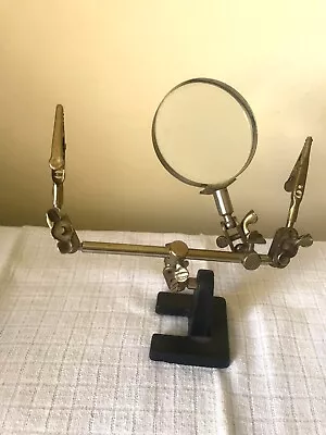 Articulated Hands-free Desktop BRASS MAGNIFYING GLASS On STAND With GRIPS V.g.c. • £10.50